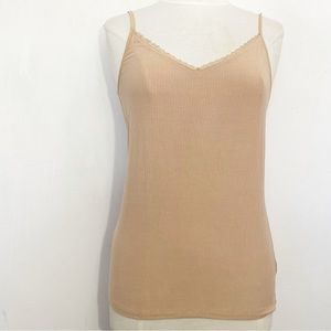 A NEW DAY NWOT lace trim ribbed rayon spandex knit tank camisole top tan L